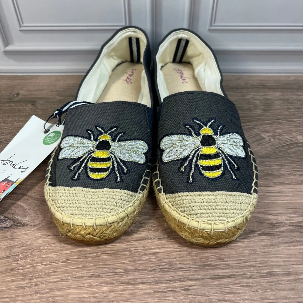 Joules Shelbury Espadrilles Womens Navy Blue Embroidered Bee Canvas Flats 5‎ NEW